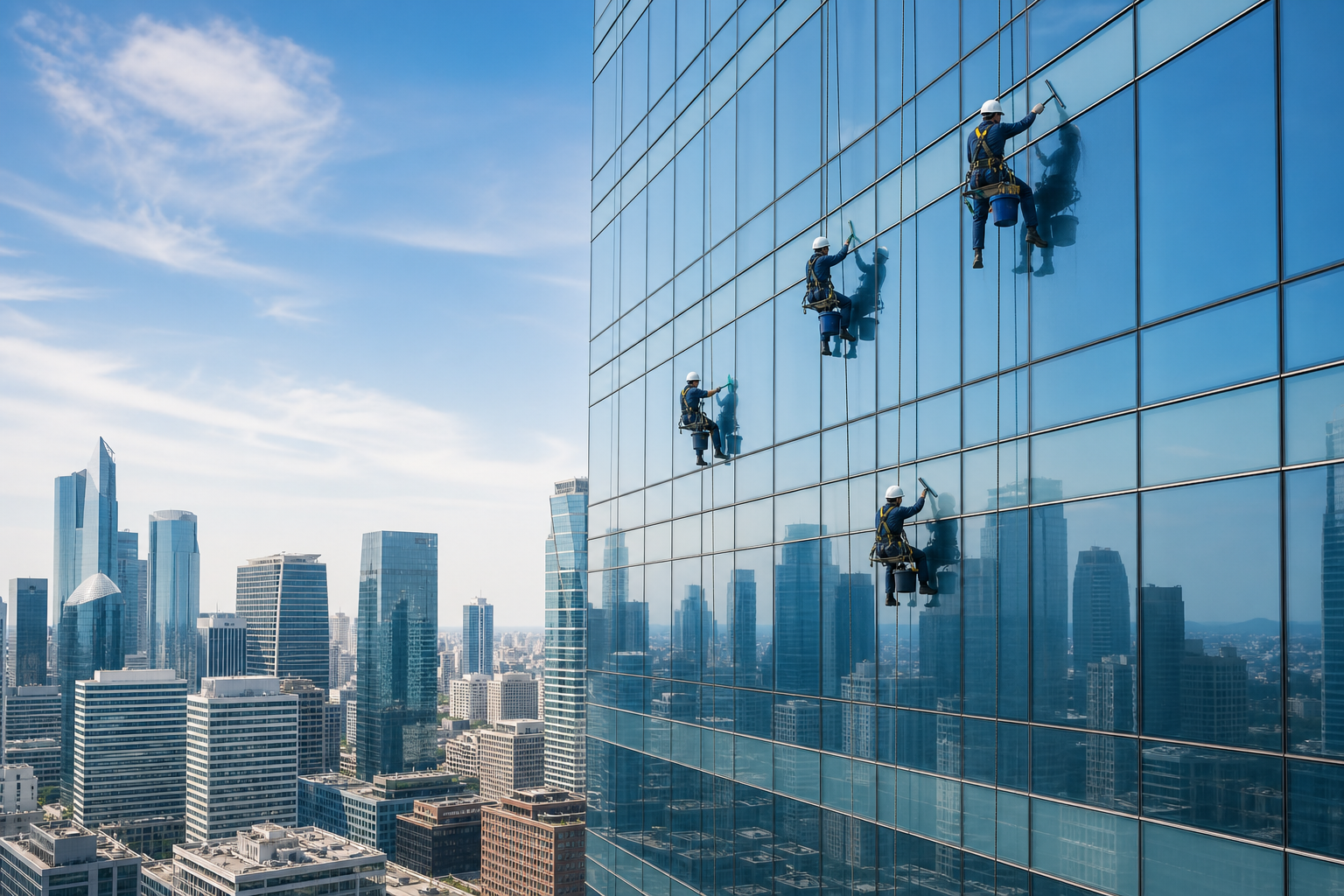 High-rise window cleaning on a modern multi-story commercial building