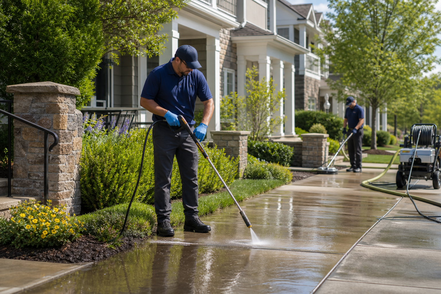 Professional HOA pressure washing on a clean community sidewalk and entry area