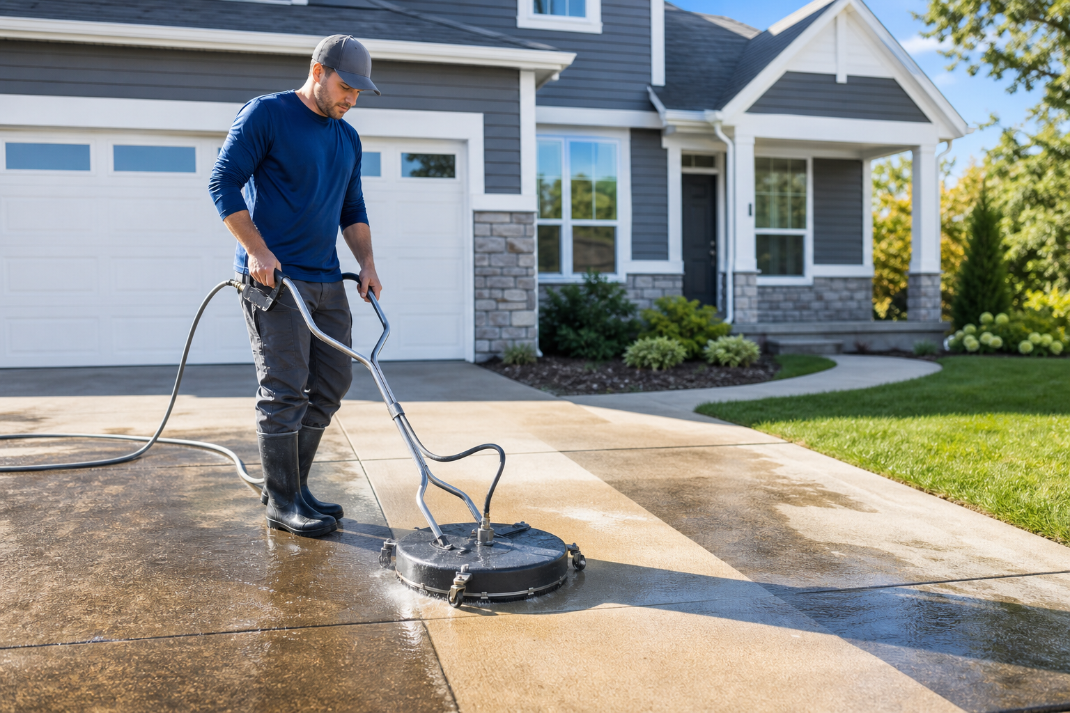 Driveway pressure washing with a surface cleaner on a clean residential concrete driveway