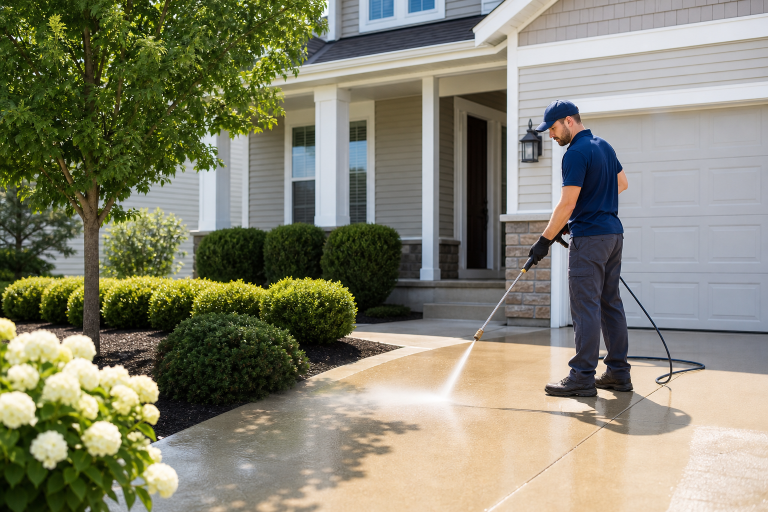 Residential pressure washing service improving curb appeal on a suburban home exterior