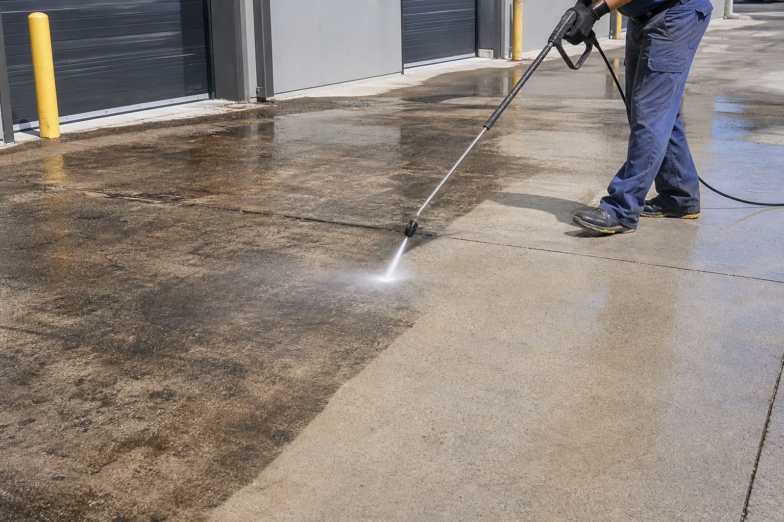 Hot water concrete cleaning on a stained driveway or loading area with visible before-and-after contrast.