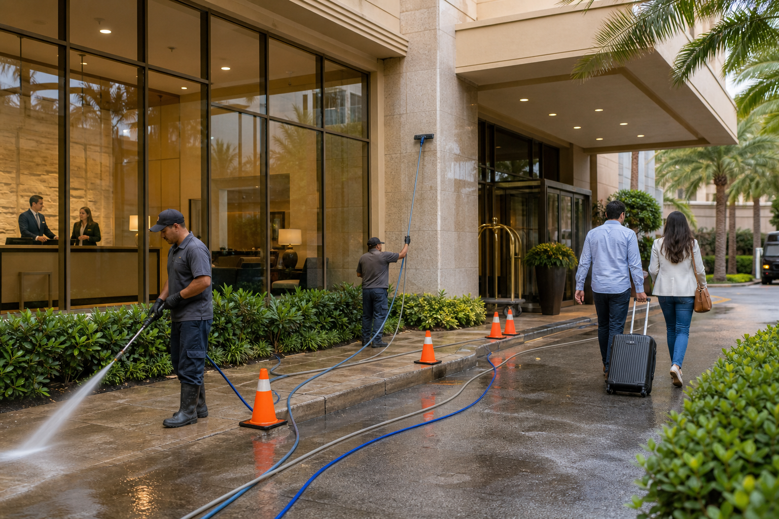 Hotel exterior cleaning crew coordinating work around guests and business hours