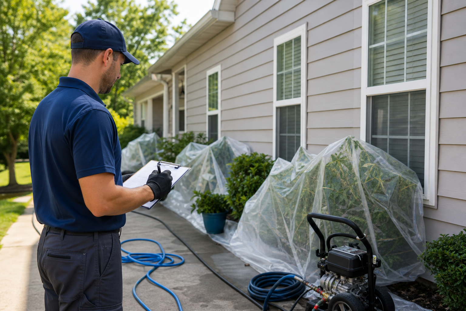 House pressure washing service day setup with technician and prepared home exterior