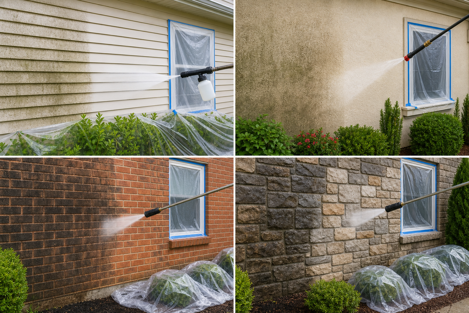 Infographic showing safe cleaning methods for vinyl siding, stucco, brick, and stone