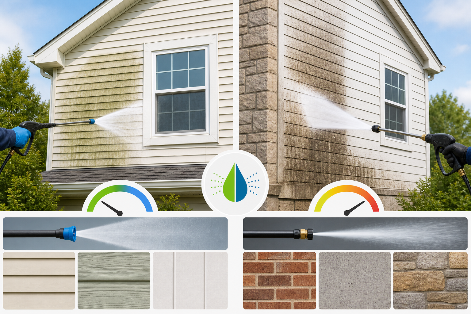 Diagram comparing soft washing and pressure washing for house siding cleaning