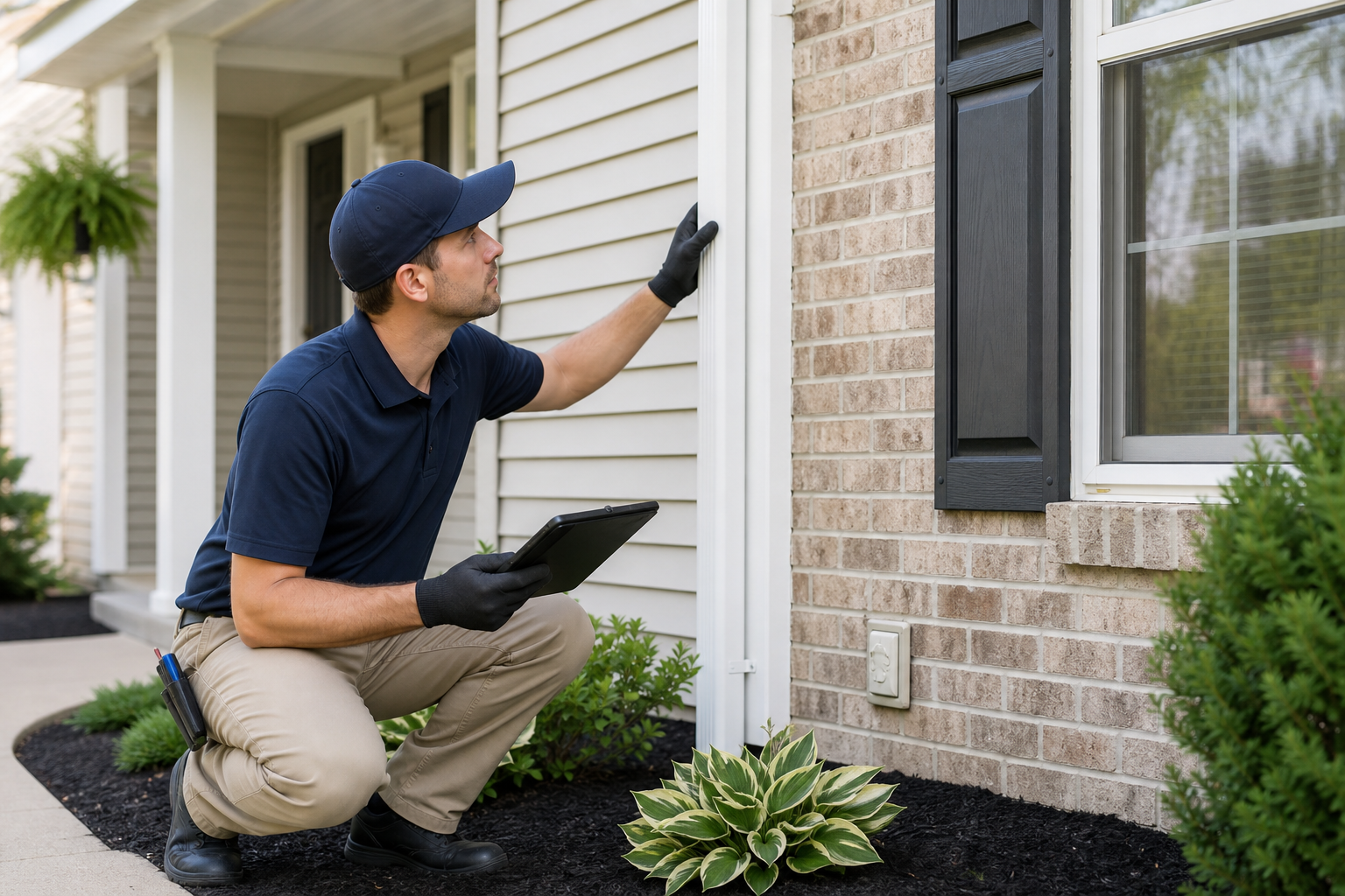 Professional technician inspecting vinyl siding and brick before a safe exterior home wash