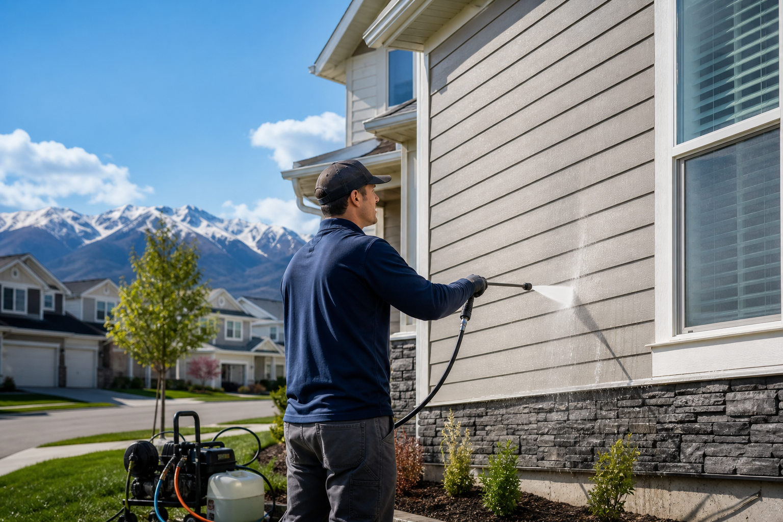 Professional house washing near me service cleaning a home exterior in a suburban Utah neighborhood