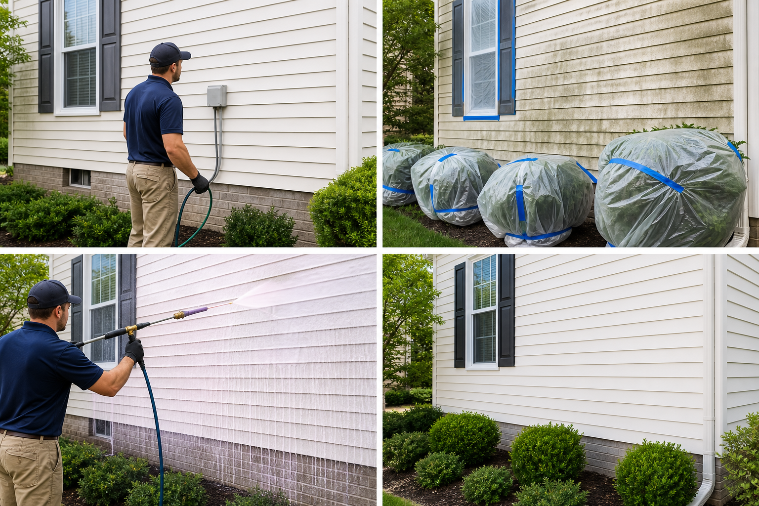 Step-by-step house washing process with prep, plant protection, soft wash application, and final rinse