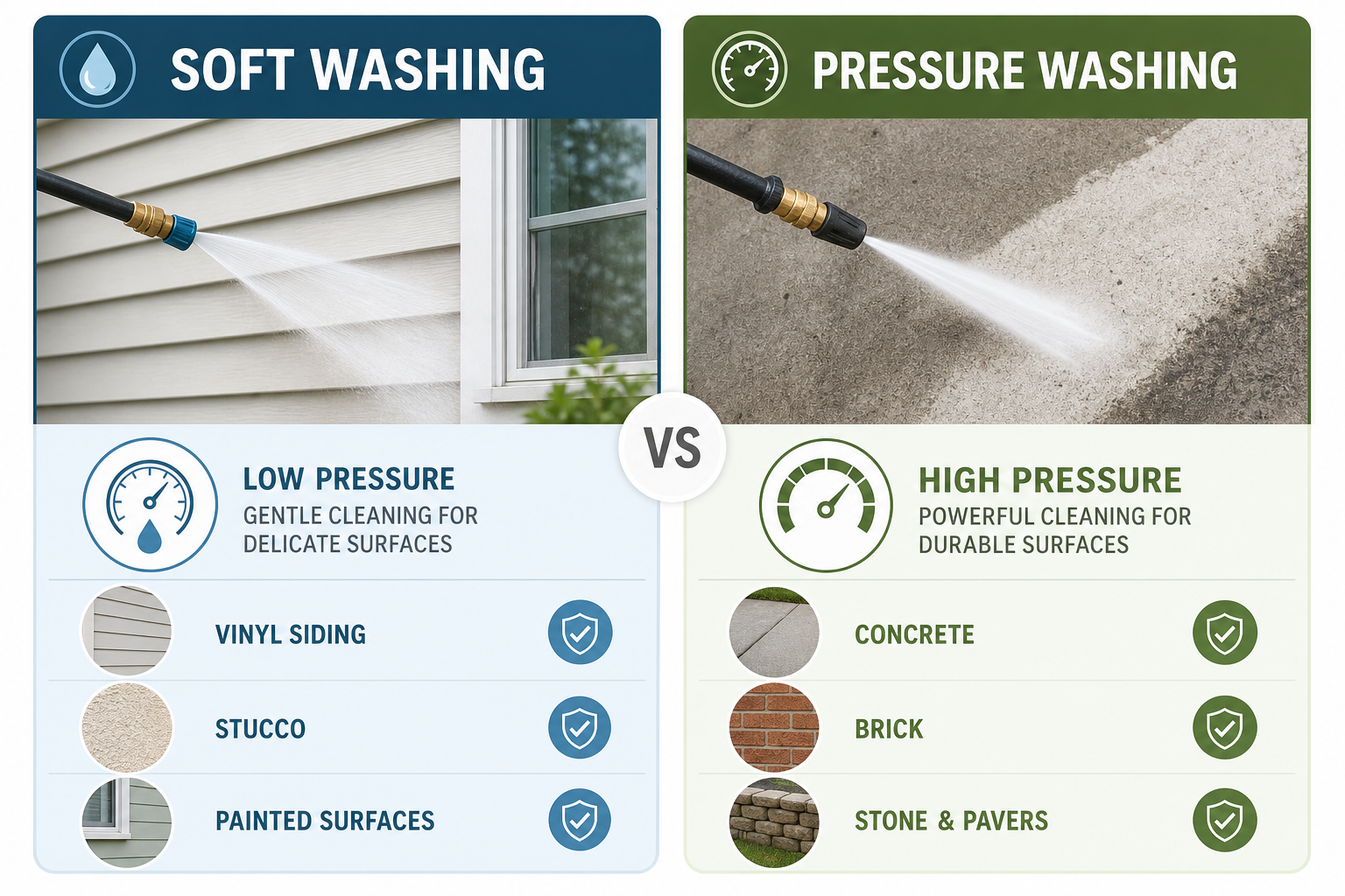 Diagram comparing soft washing and pressure washing for siding, stucco, and concrete exterior surfaces