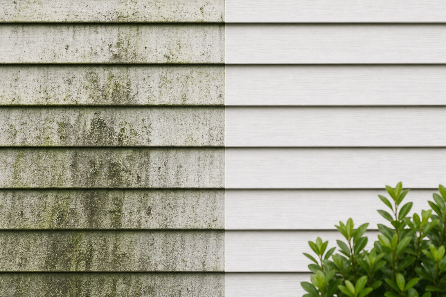 Before-and-after view of siding with mold, mildew, algae, and dirt removed.