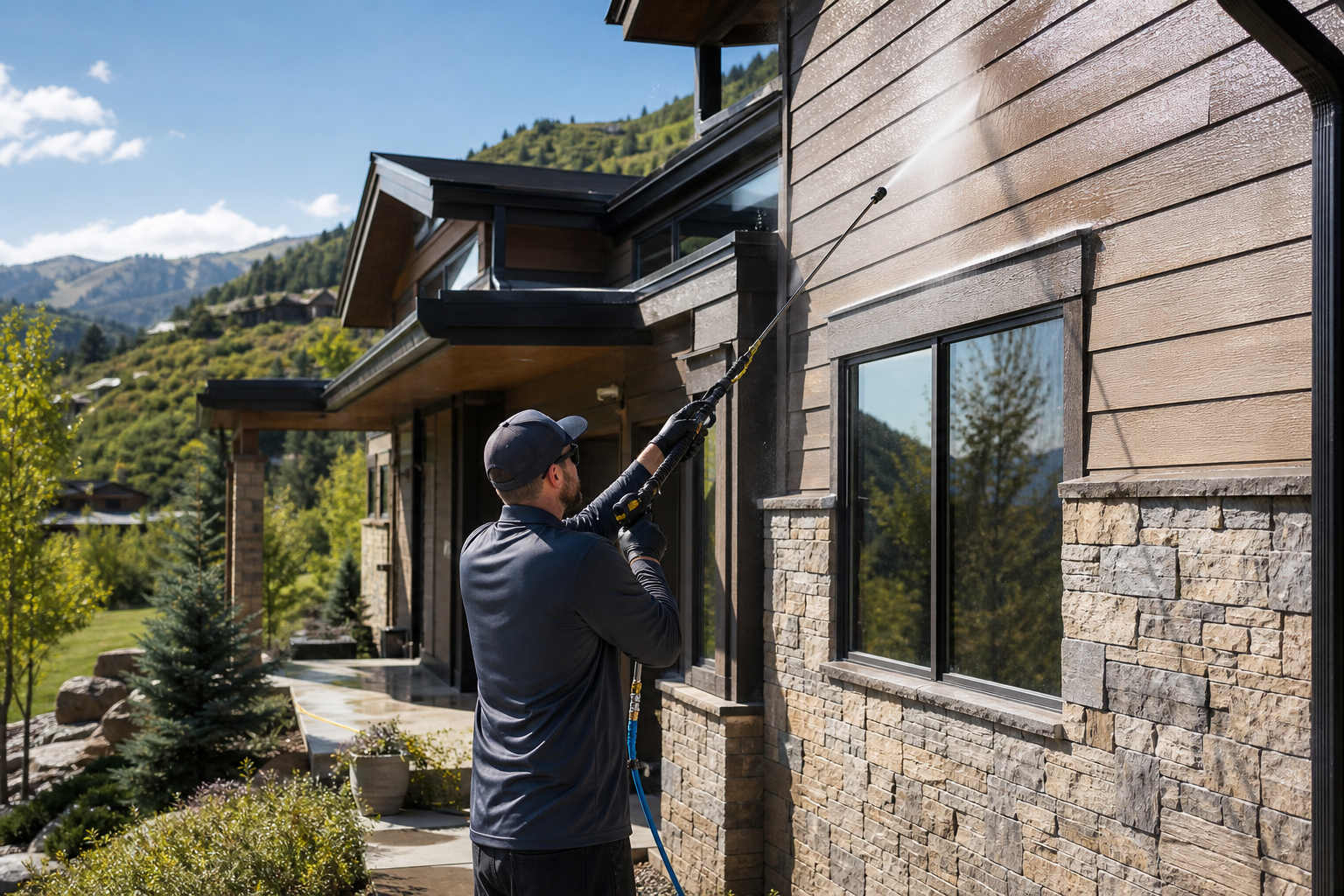 Professional soft washing service cleaning a Park City home exterior with low-pressure equipment.