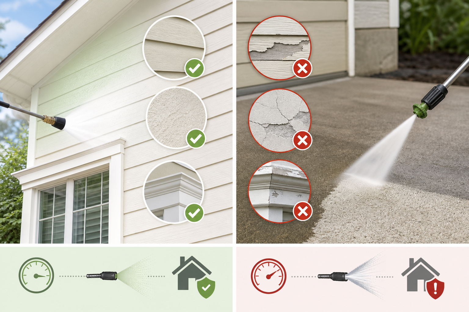 Diagram comparing soft washing and pressure washing for siding, stucco, and concrete surfaces.