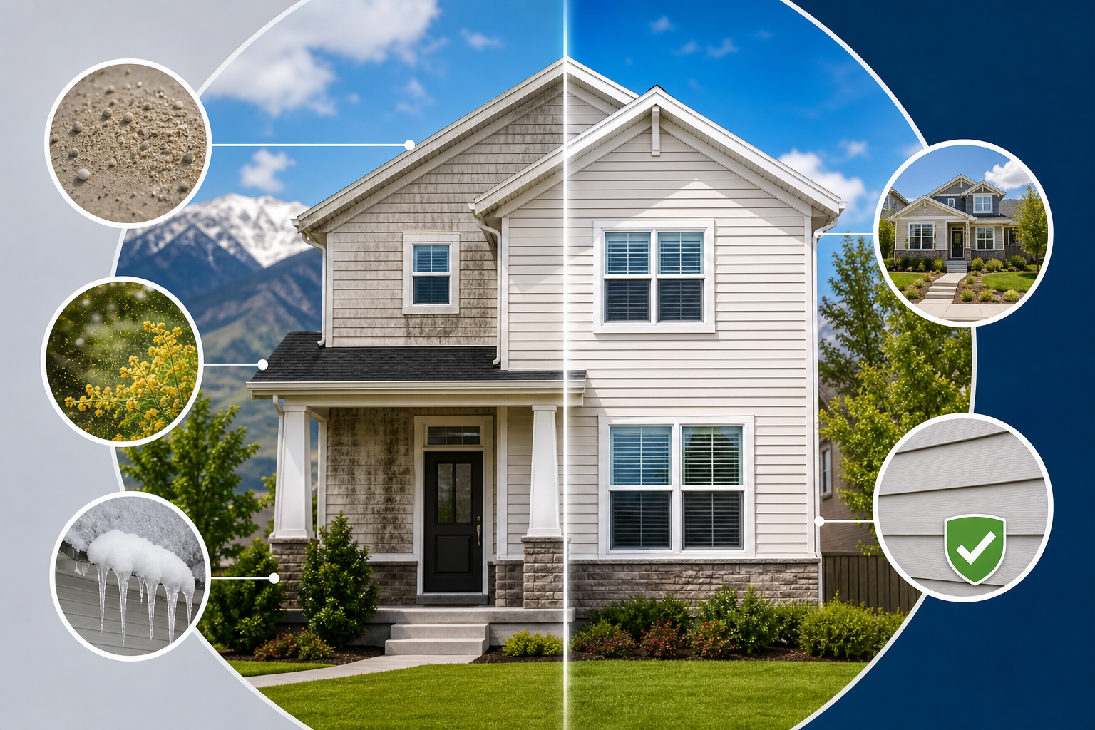 Infographic showing how Salt Lake City dust, pollen, and winter residue affect home curb appeal and maintenance.