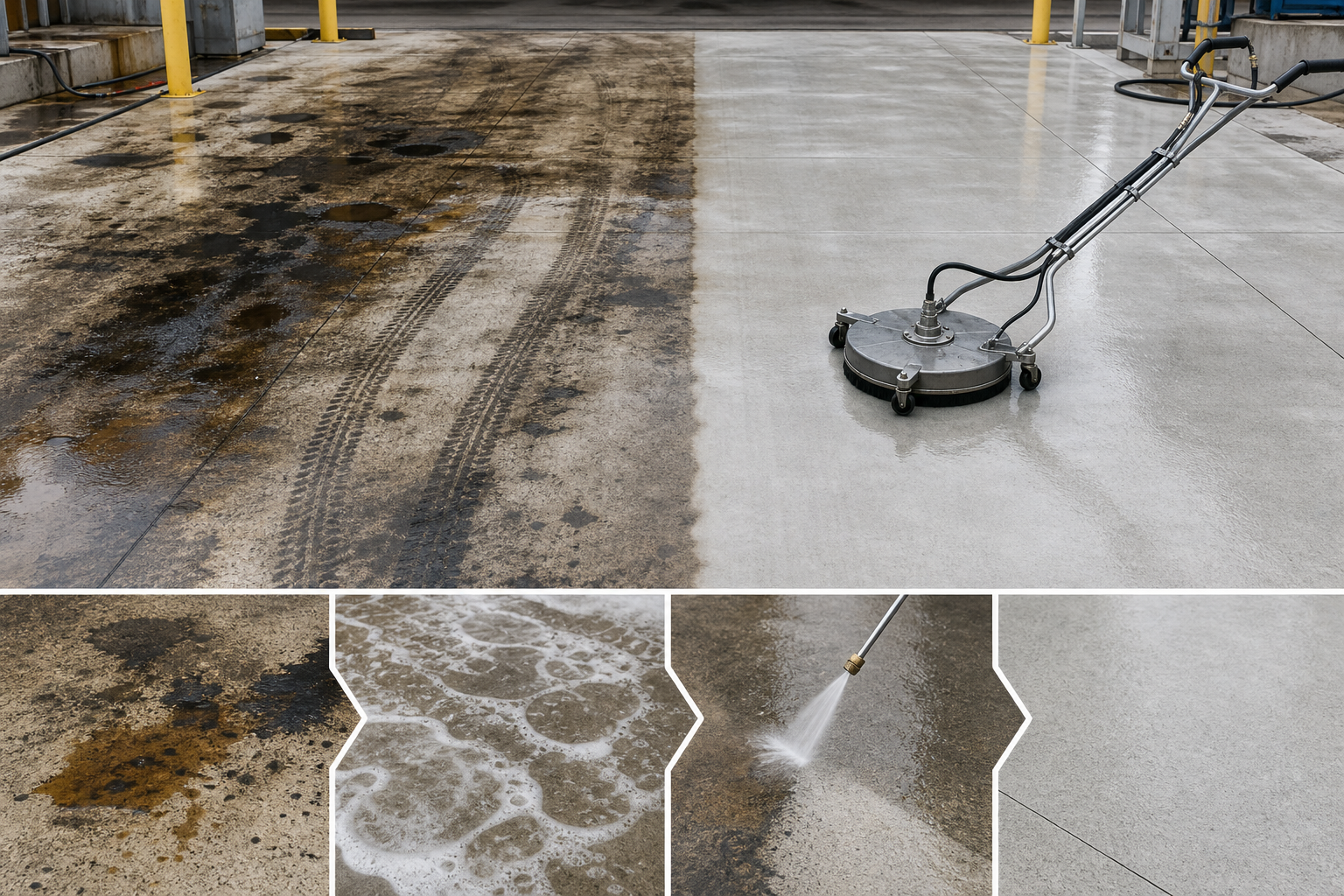 Diagram of industrial concrete cleaning showing grease removal and cleaned hard-surface sections