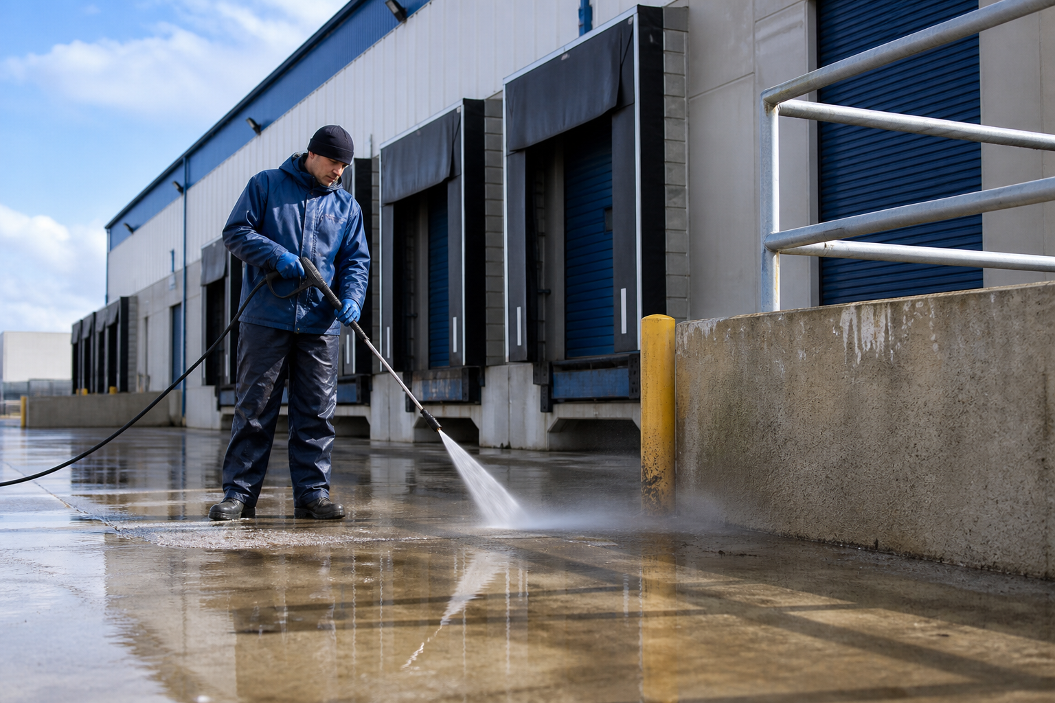 Industrial pressure washing at a warehouse exterior with clean concrete and a professional cleaning crew
