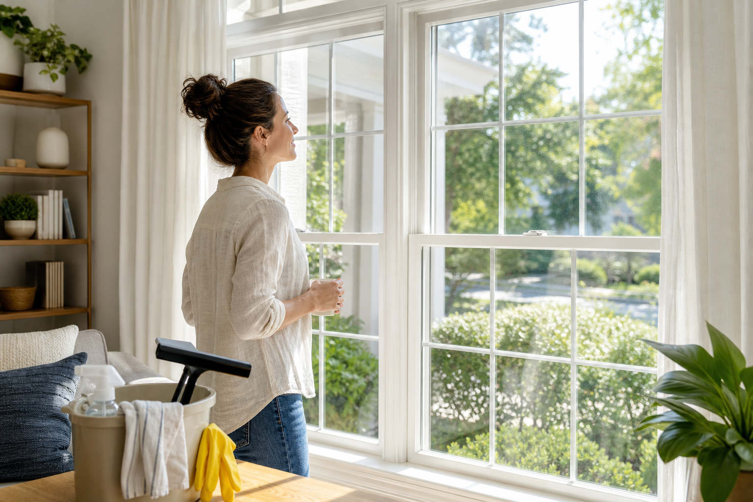Bright home interior with spotless windows after residential window cleaning.