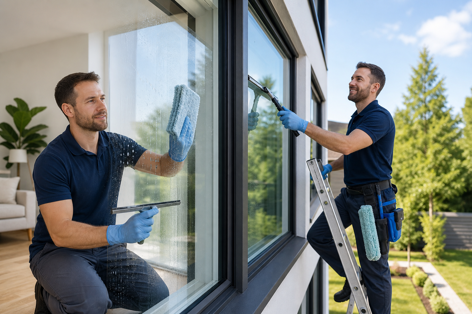 Professional window cleaner handling interior and exterior window cleaning on a modern home.