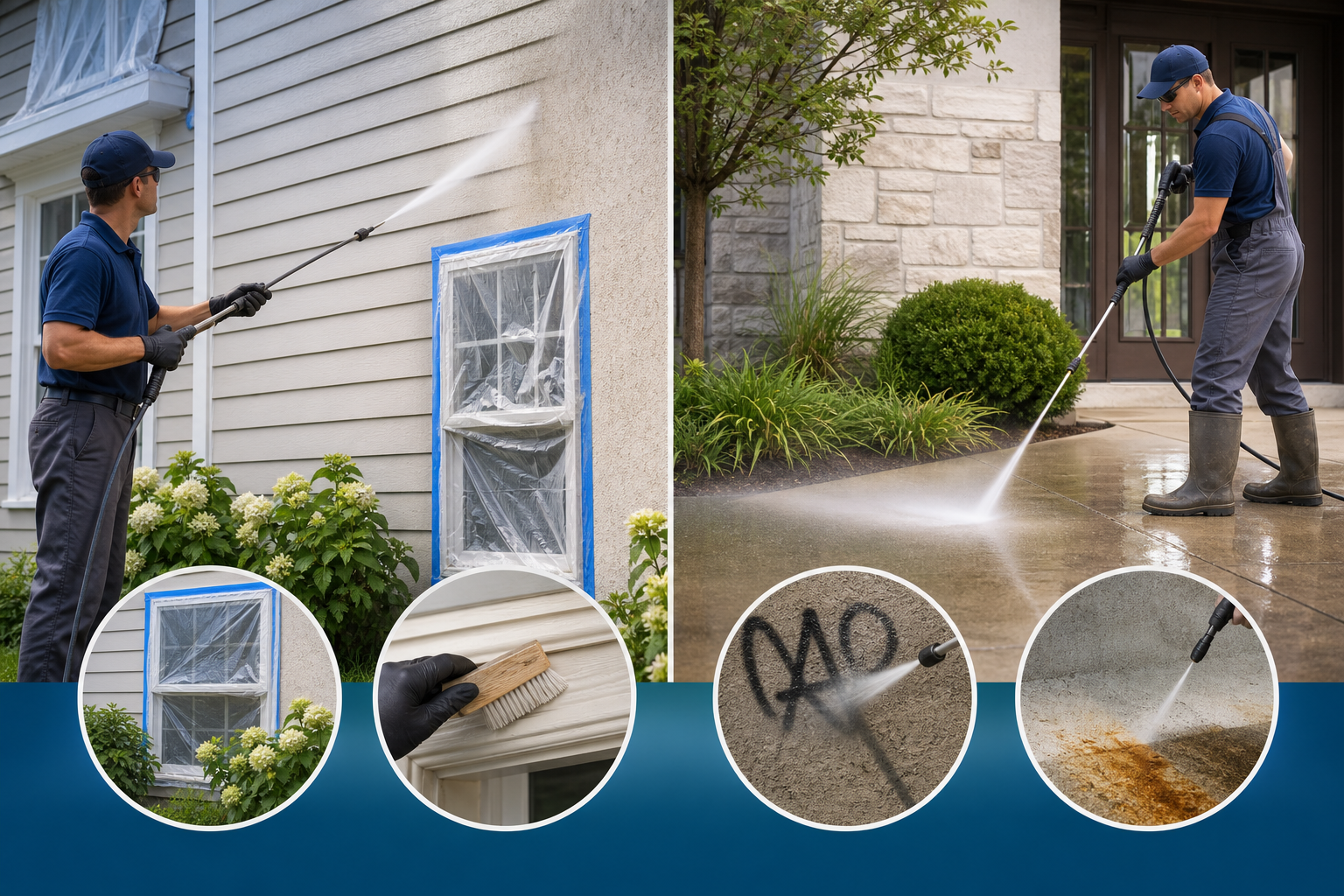 Surface-specific exterior cleaning methods for delicate siding, stucco, and concrete surfaces.