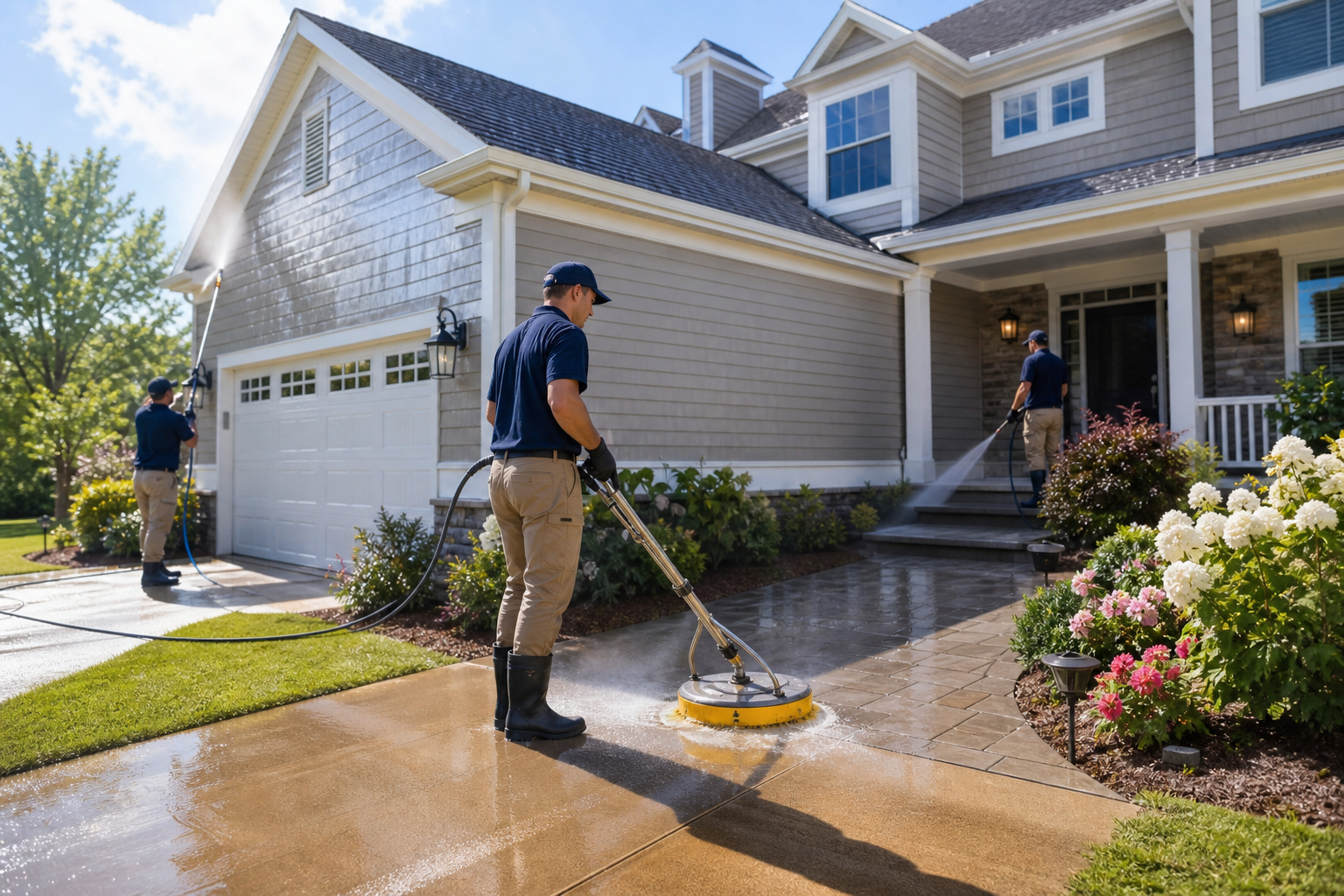 Residential exterior cleaning service for house washing, driveway cleaning, and curb appeal.