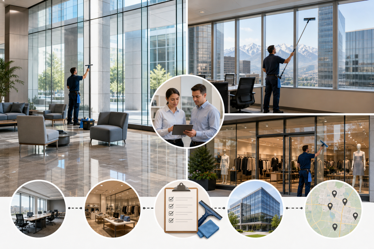 Commercial interior window cleaning for offices, storefronts, and multi-location properties.