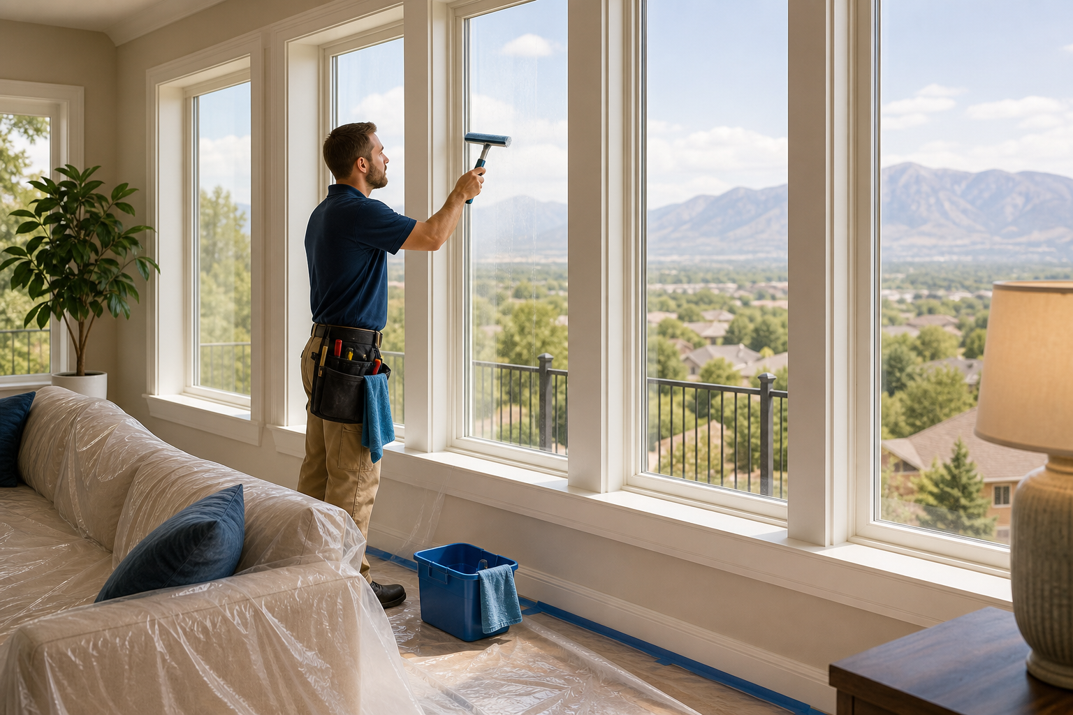 Home interior window washing with protected floors, clean glass, and brighter natural light.