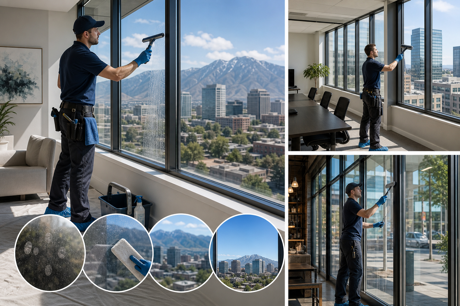 Interior window cleaning in Salt Lake City for homes, offices, and storefronts with streak-free glass and floor protection.
