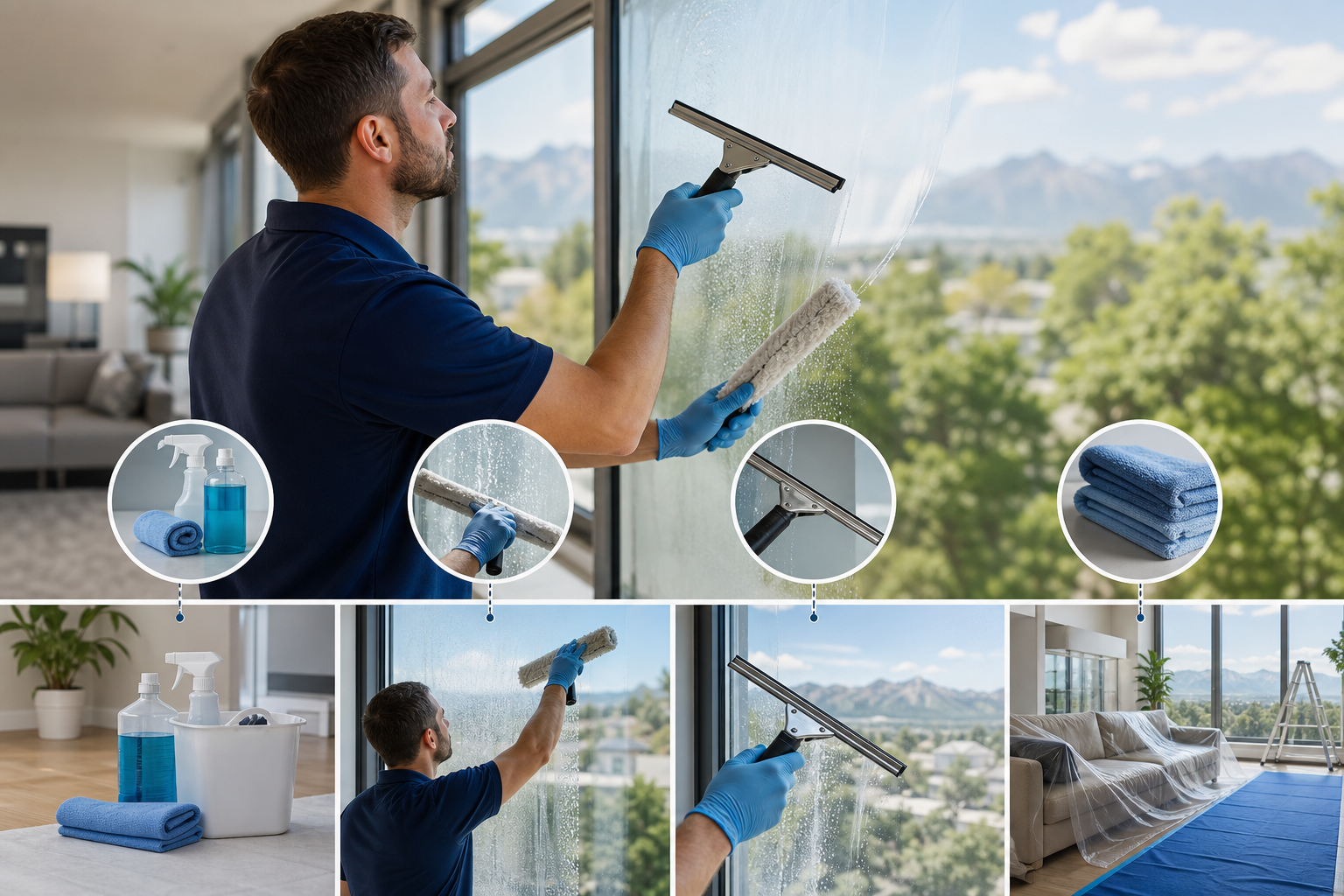 Streak-free indoor glass cleaning with professional tools, edge detailing, and protection for floors and furniture.