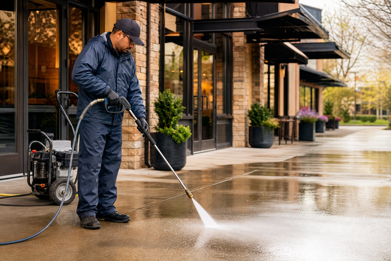 A pressure washing technician cleans a storefront entry area for urgent commercial exterior cleaning.