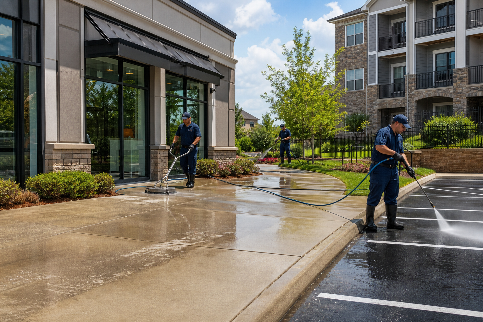 Commercial pressure washing for storefronts, parking areas, HOAs, and apartment communities