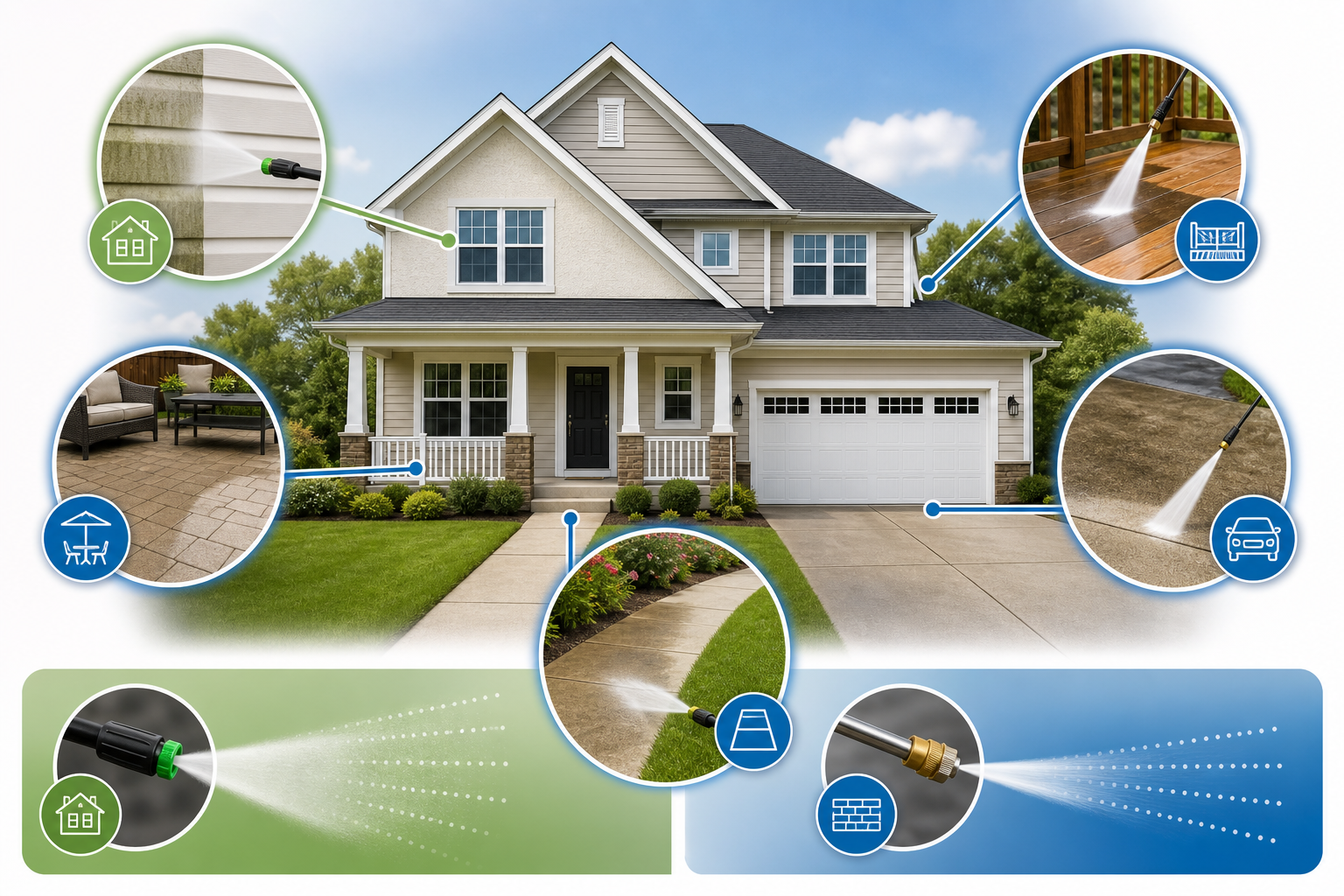 Infographic showing residential pressure washing services including house washing, driveway cleaning, patio cleaning, deck cleaning, and sidewalk cleaning