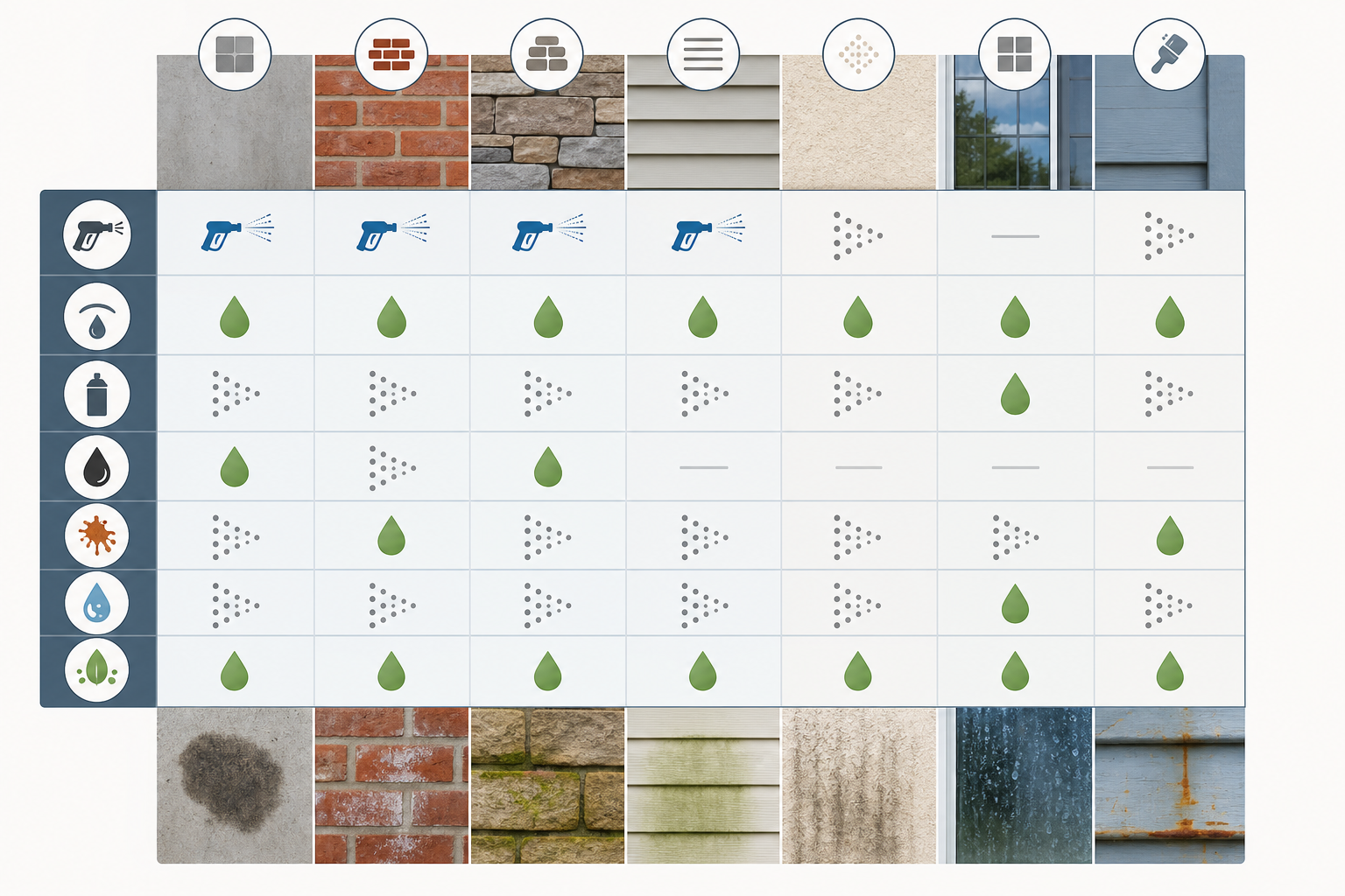 Diagram of surface-specific exterior cleaning methods and stain removal options