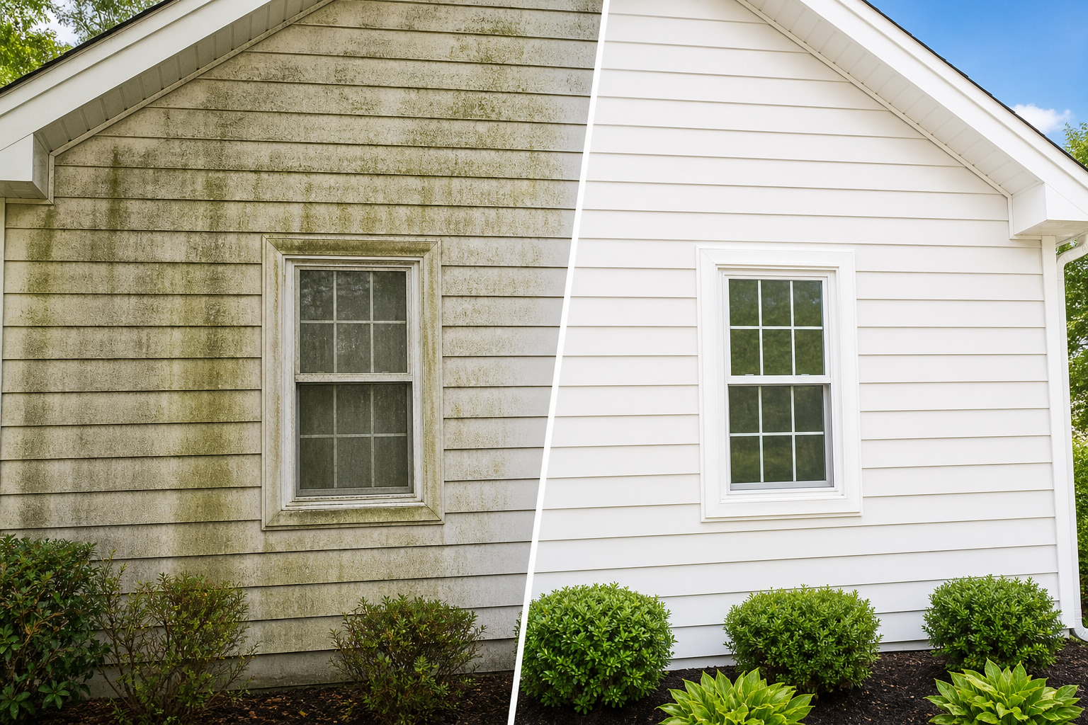 Before and after style image showing low pressure house washing removing dirt, pollen, algae, and mildew from siding.