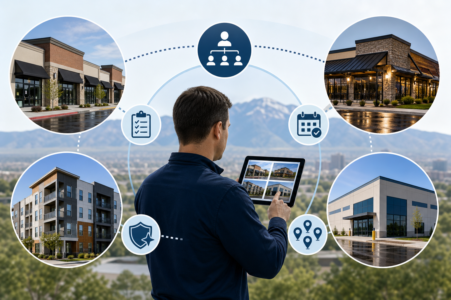 Infographic showing multi-site exterior cleaning for retail, restaurant, apartment, and office properties managed under one coordinated plan.