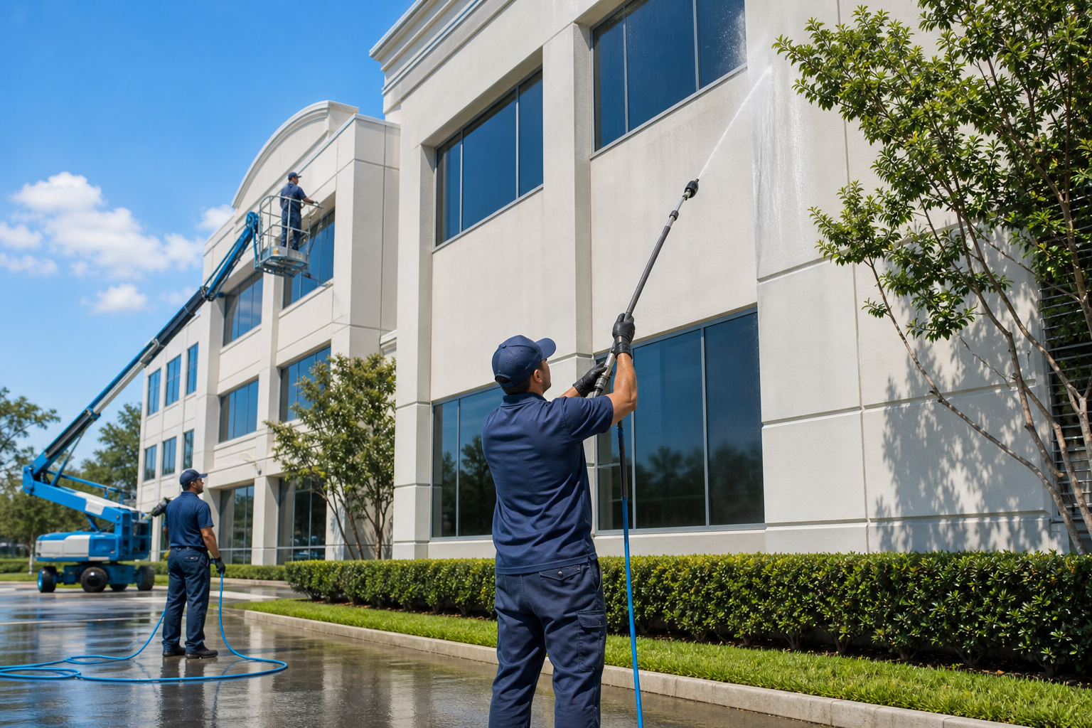 Commercial painted building maintenance with professional soft washing crew