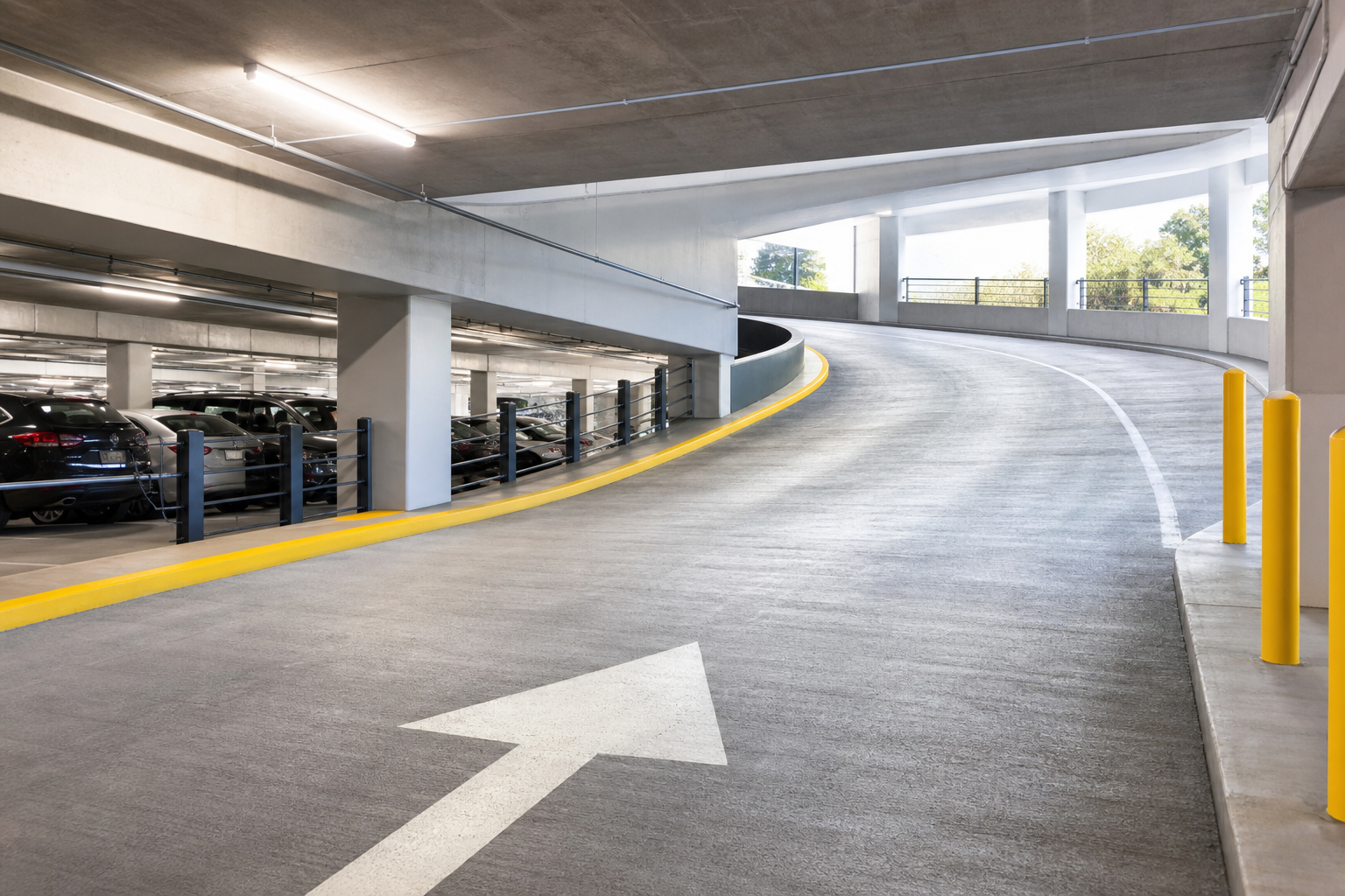 Clean commercial parking garage ramp and deck that improves safety, compliance, and appearance.