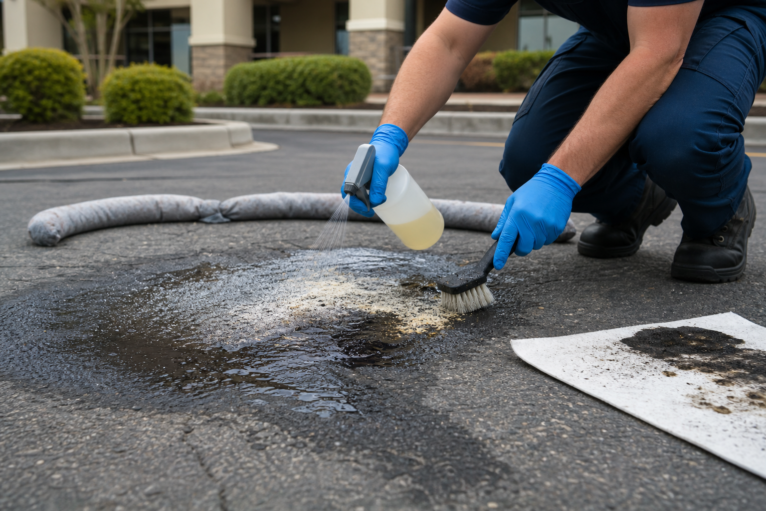 Technician treating an oil stain during commercial parking lot cleanup.
