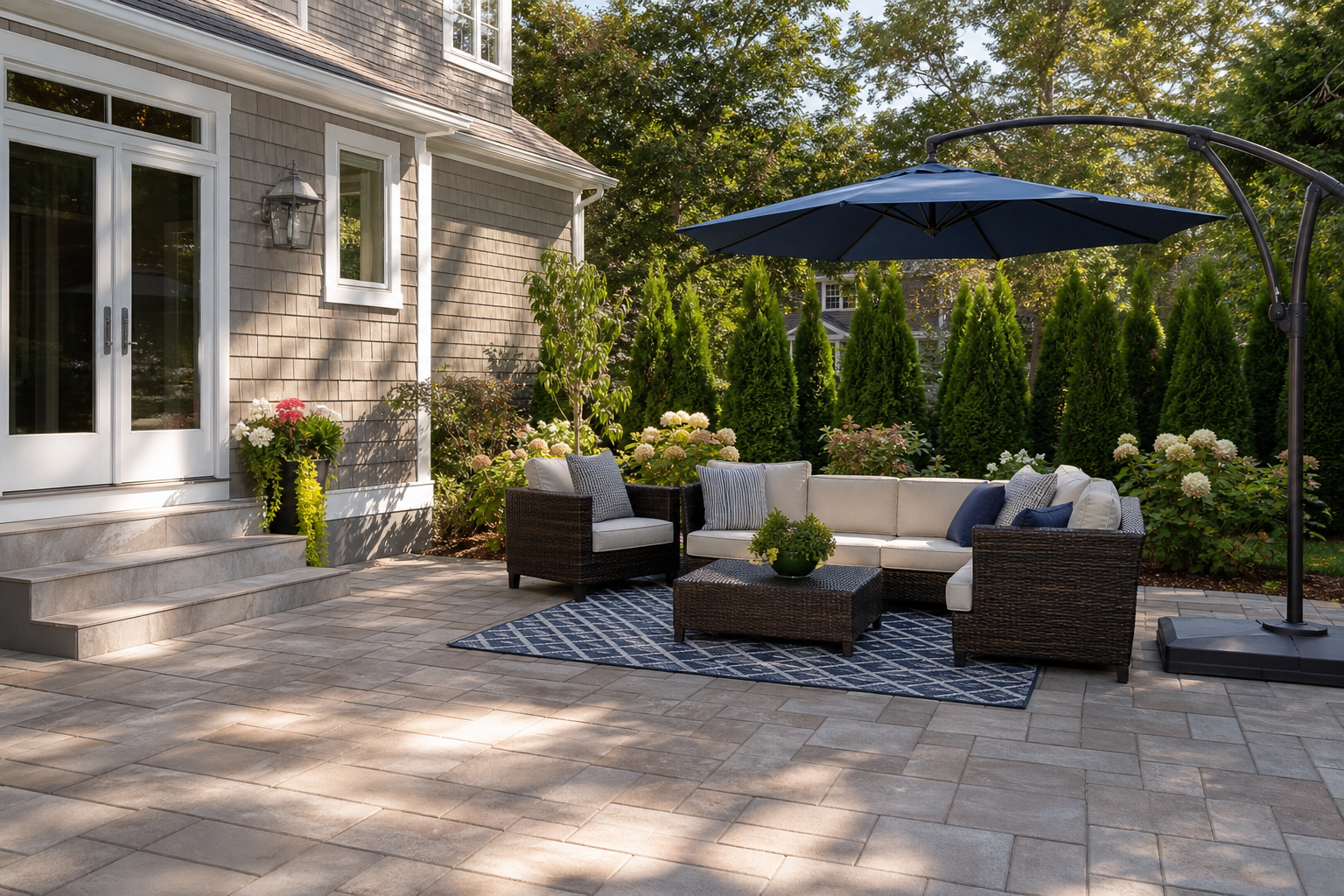 Clean residential backyard patio showing the curb appeal benefits of seasonal patio cleaning.