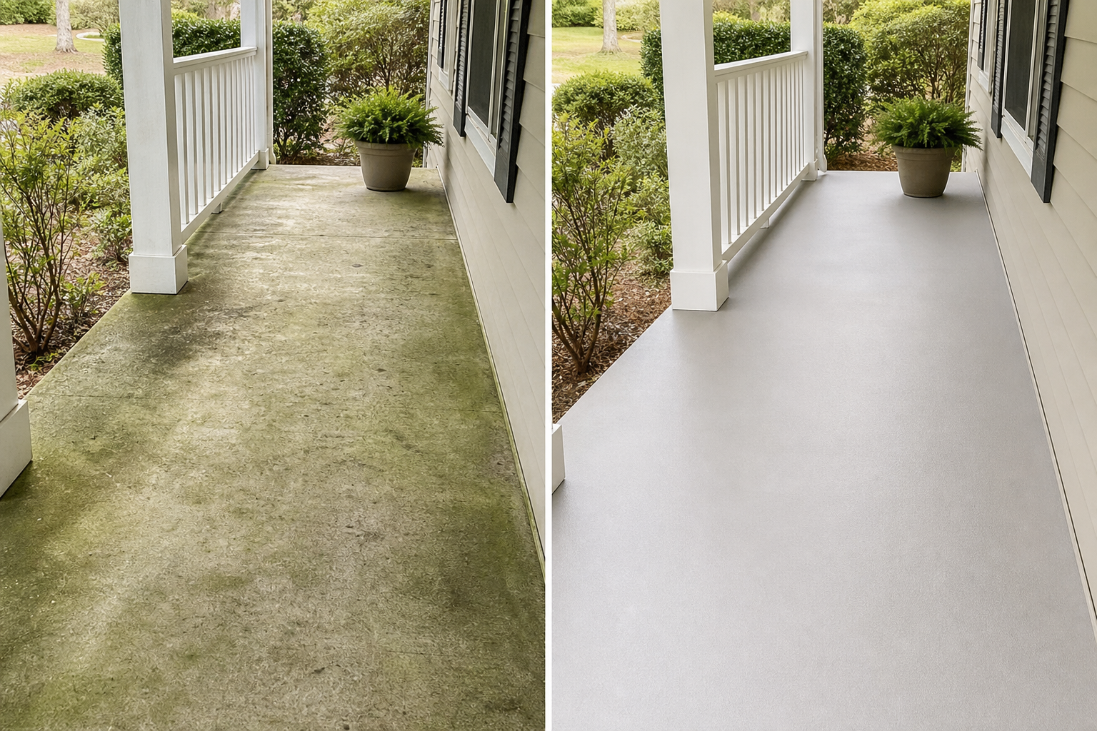 Support image of porch stain and mildew removal on a residential porch