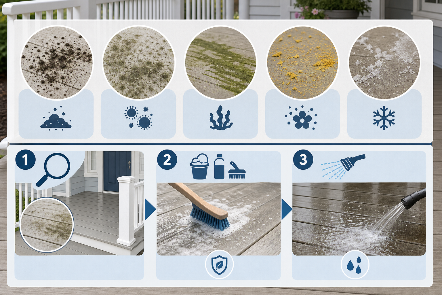 Infographic showing how to remove dirt, mildew, algae, pollen, and salt residue from a porch safely.