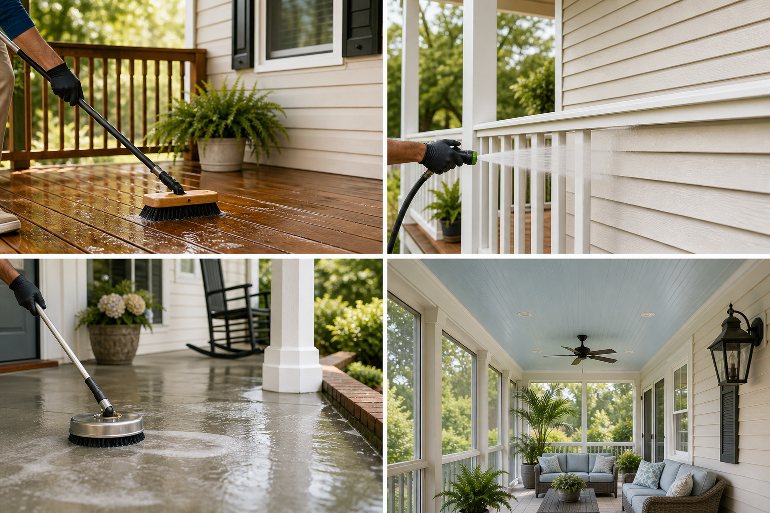 Split-view porch cleaning image showing safe methods for wood, vinyl, concrete, and covered porch surfaces.