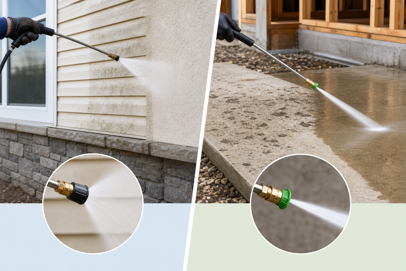 Comparison of soft washing for delicate surfaces and pressure washing for durable concrete during post-construction cleanup.