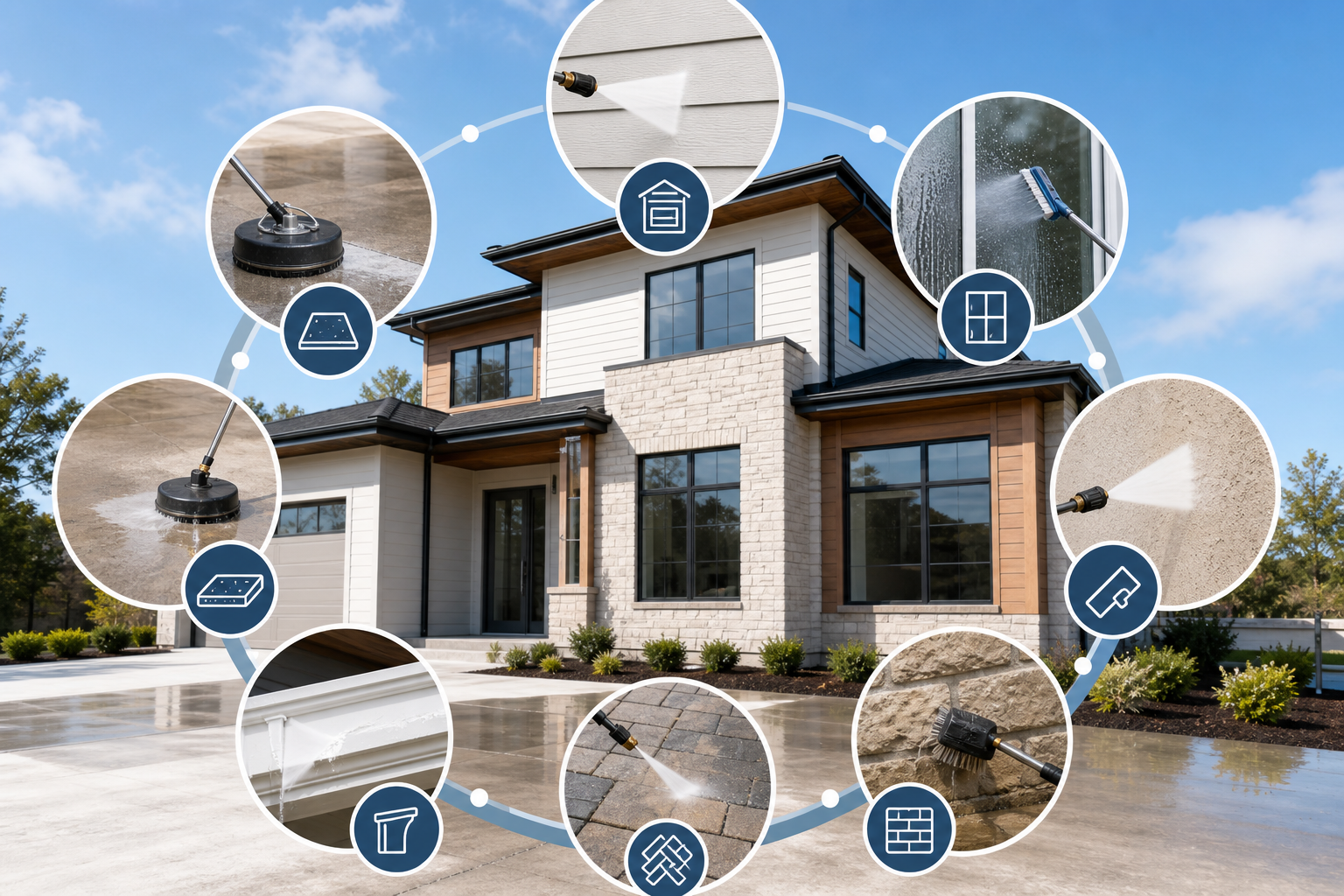 Surface-by-surface exterior cleaning for new construction including siding, windows, concrete, stucco, masonry, trim, and hardscape.