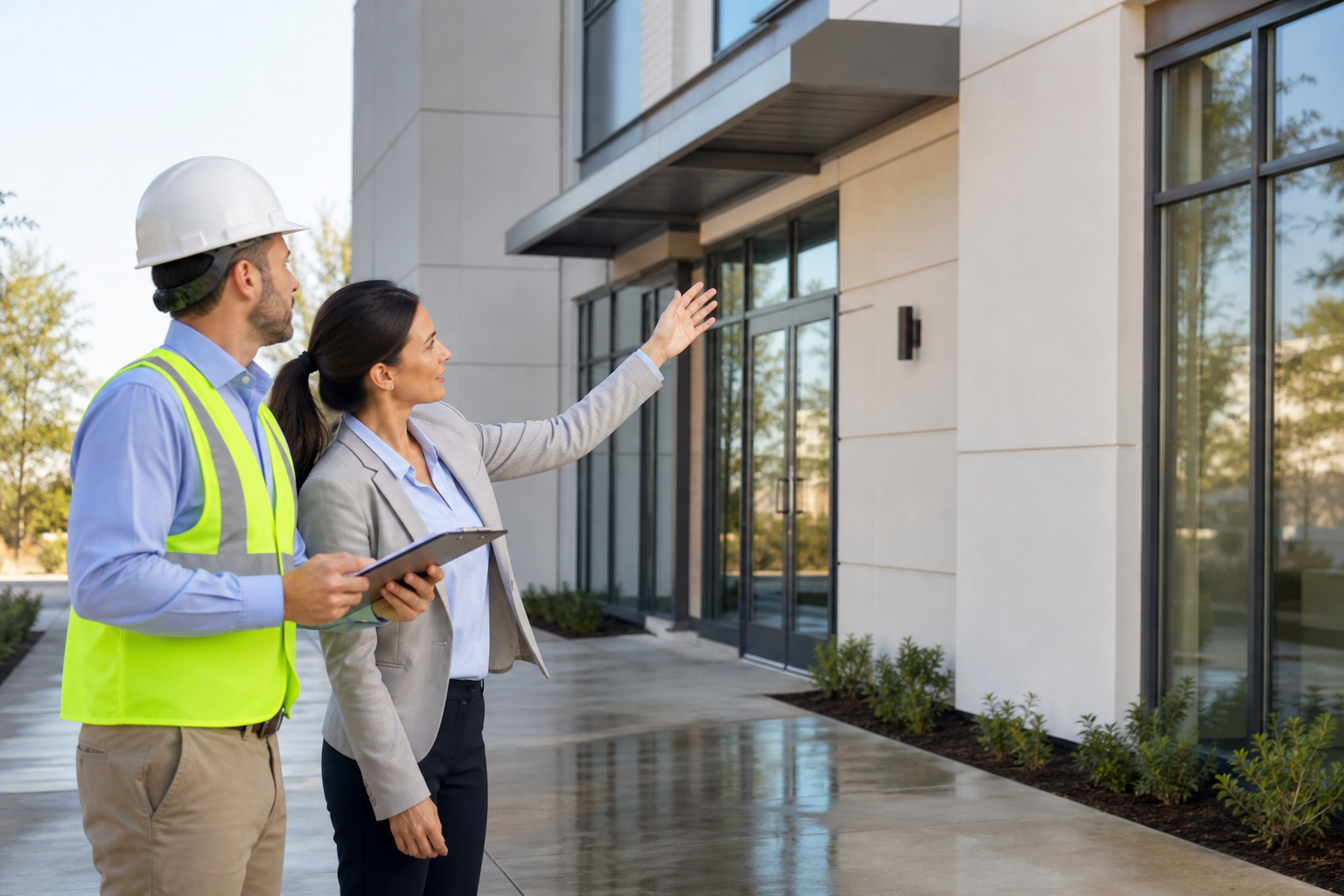 Contractor and property manager completing a final walk-through after exterior cleanup for property turnover.