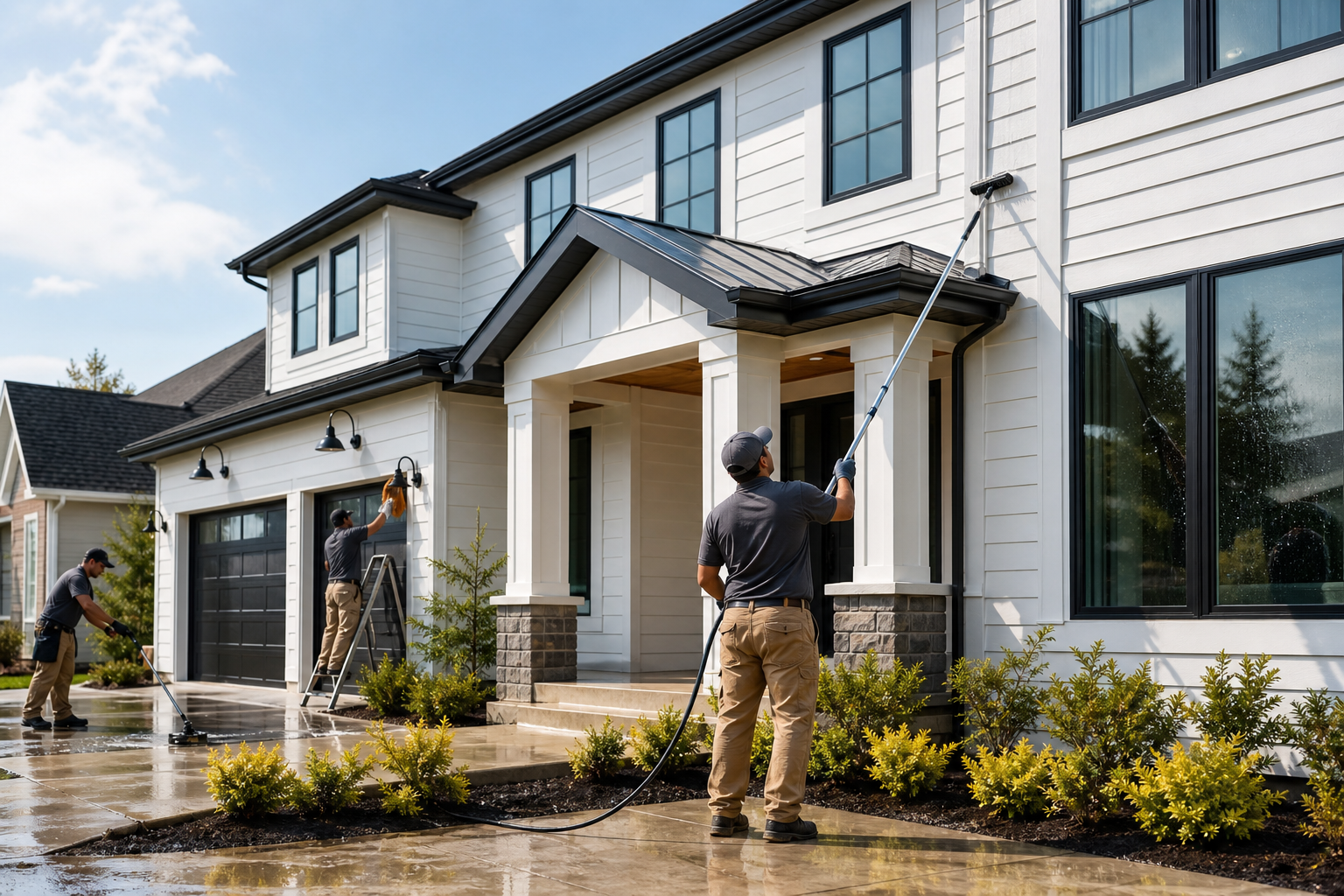 Professional post-construction exterior cleaning on a newly finished home with fresh siding and clean windows.