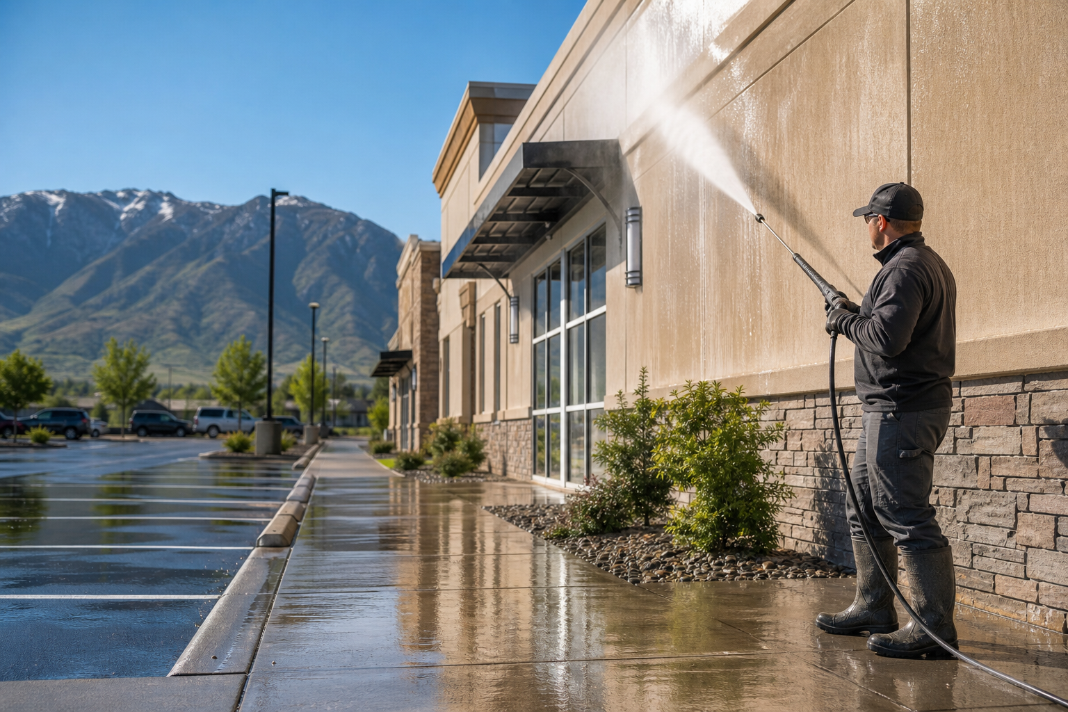 Commercial power washing for a Bountiful storefront, building facade, and parking area.