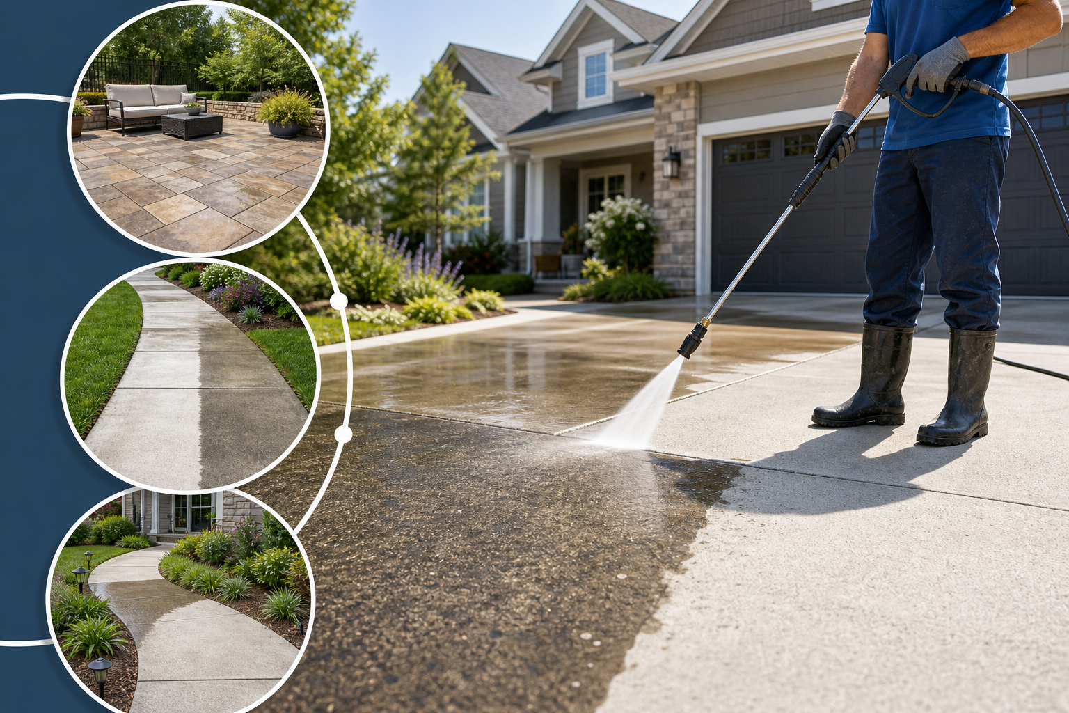 Diagram-style image of driveway pressure washing on concrete, patios, sidewalks, and walkways in Bountiful.