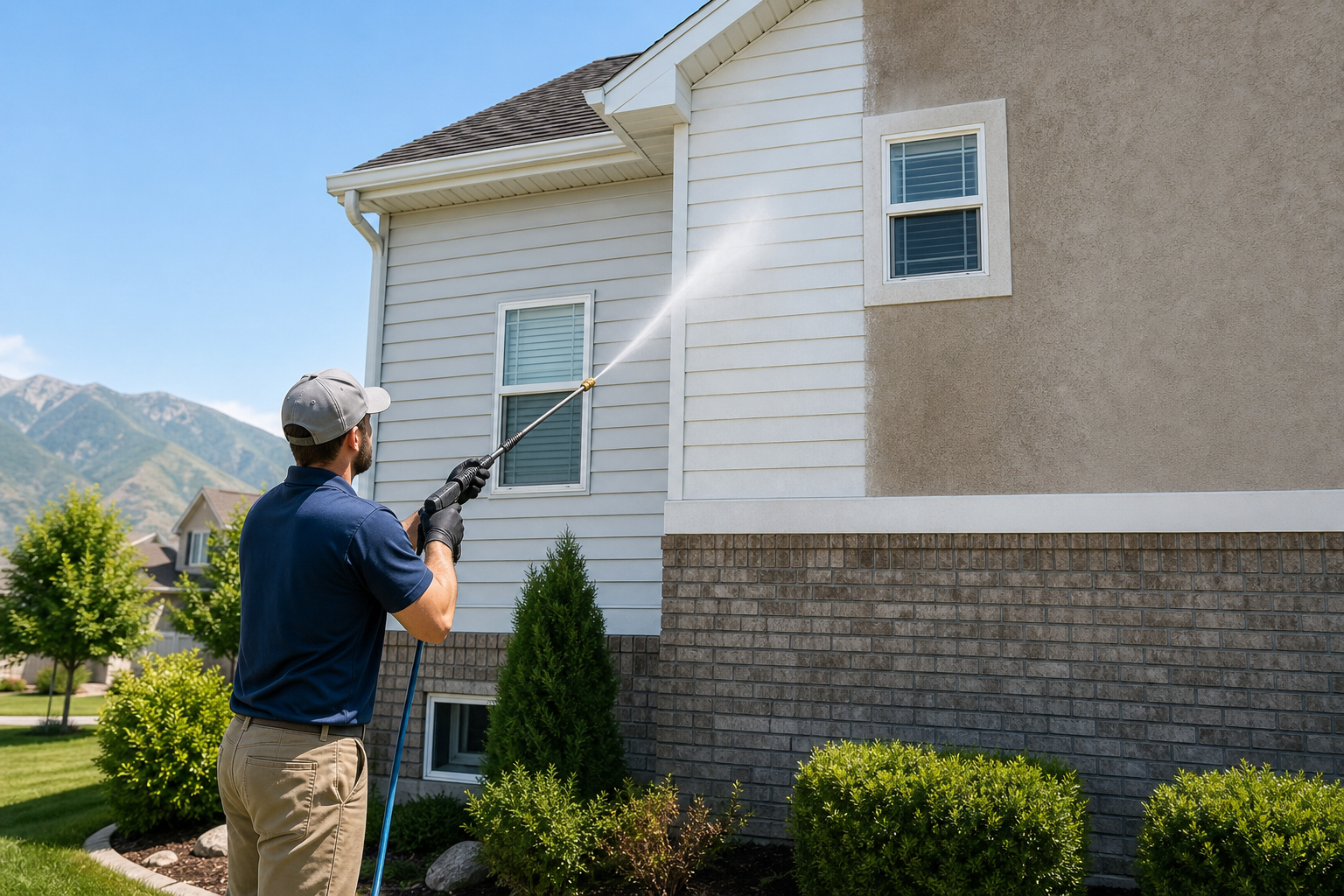 Soft washing a Bountiful UT home exterior with vinyl siding, stucco, and brick to remove dirt and pollen safely.