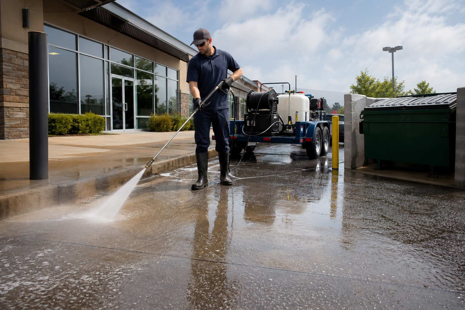 Commercial pressure washing at a storefront with parking lot and dumpster pad cleaning.