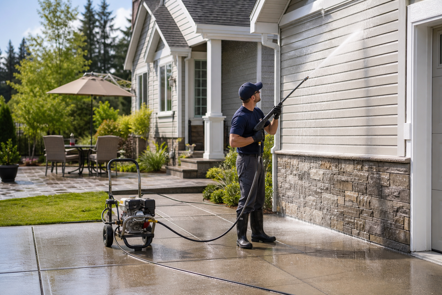 Residential power washing technician cleaning a driveway, siding, patio, and sidewalk on a home exterior.