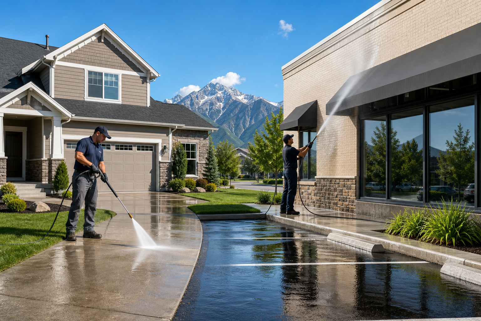 Professional exterior cleaning in Salt Lake City featuring a clean home and commercial property.